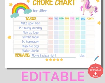 Kids Chore Chart Unicorn, Editable & Printable Reward System | Kids Daily Checklist, Schedule Printable, Routine Responsibility Chart