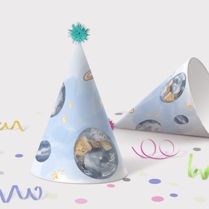 Editable Printable Space Party Hats Outer Space Birthday Galaxy Planets Decoration DIY, Instant Download Printable Template, 0100