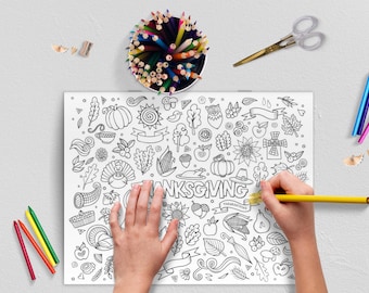 Thanksgiving Activity Placemat Printable, Kids Coloring Page, Fun Thanksgiving Crafts, Instant Download, Thanksgiving Coloring Activity