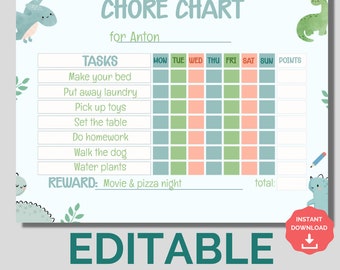 Kids Chore Chart Dinosaurs, Editable & Printable Reward System | Kids Daily Checklist, Schedule Printable, Routine Responsibility Chart