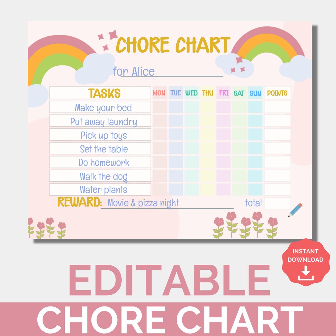 Kids Chore Chart Rainbows, Editable & Printable Reward System | Kids ...