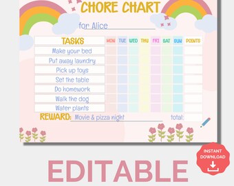 May include: A pink and white printable chore chart with rainbows and clouds. The chart has a list of tasks for a child to complete, including making their bed, putting away laundry, picking up toys, setting the table, doing homework, walking the dog, and watering plants. The chart also includes a section for points and a reward, which is a movie and pizza night.