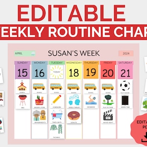 Editable Weekly Visual Routine Chart with Cards Schedule for Kids, Toddler, Preschool I Pictures Chore Chart