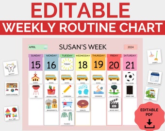 May include: A printable weekly routine chart for kids with a colorful design and icons for activities like school, play soccer, and screen time. The chart is labeled with days of the week and includes a space for a child's name. The chart is titled "Susan's Week" and includes the month of April and the year 2024.