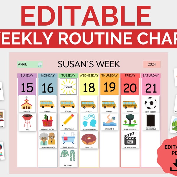 Editable Weekly Visual Routine Chart with Cards Schedule for Kids, Toddler, Preschool I Pictures Chore Chart