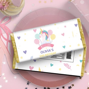 Editable Unicorn Girl Pink Chocolate Bar Labels Candy Wrapper, Party Decor, Birthday Printable Template with Nutritional Label 0102