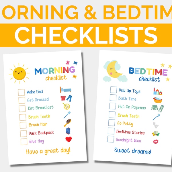 Morning & Bedtime Routine for Kids | Printable To Do List Child | Visual Schedule Cards | Toddler Preschool Morning Evening Checklist