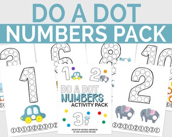 Può includere: Un pacchetto di fogli di attività "Do a Dot Numbers". I fogli presentano numeri da 1 a 10 con schemi a punti per l'apprendimento. Ogni foglio ha un numero diverso con illustrazioni di auto, elefanti e robot.