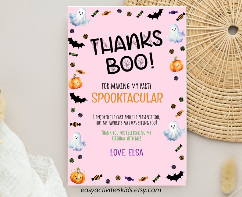 Editable Thanks Boo Halloween Thank You Card Pink Ghost Pumpkin ...