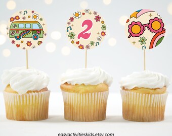 Editable Groovy Retro First Birthday Cupcake Toppers, Hippie Flower 70s Party Vibe 1st Party Decor, Printable Template 0101