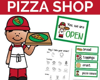 May include: Printable pizza shop play set for pretend play. Includes a pizza maker character, open sign, order form, and pizza ingredients.