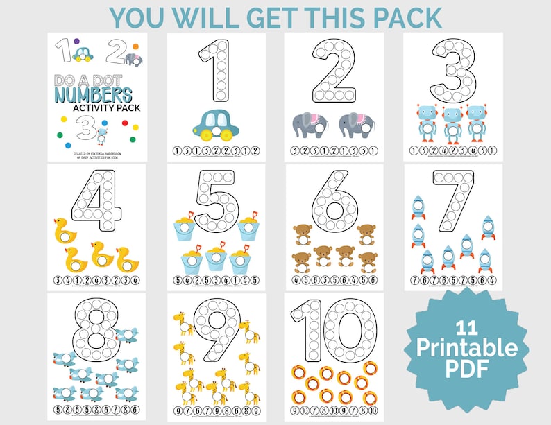 May include: A printable activity pack for kids featuring 10 pages of do-a-dot number activities. Each page includes a number, a picture, and a set of circles to be filled in with dot markers. The pack includes numbers 1 through 10.