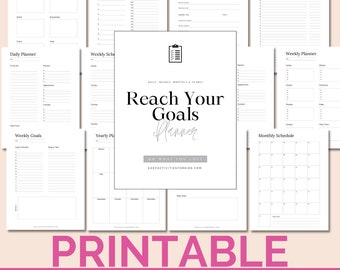 May include: Printable goal planner with pages for daily, weekly, monthly, and yearly planning. The planner includes sections for goal setting, to-do lists, and a schedule. The cover features the text "Reach Your Goals Planner" and the tagline "Do What You Love".