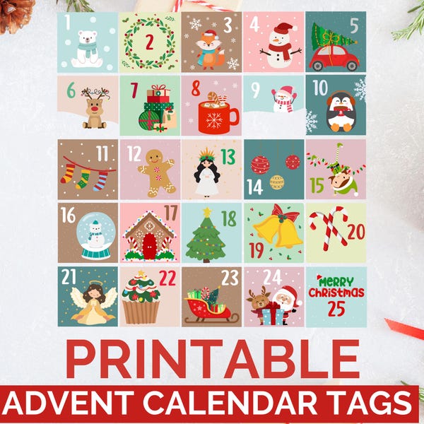Printable Advent Calendar Tags, DIY Christmas Countdown, Advent Number Labels, Kids Gift Tags, Holiday Number Labels, Digital Download