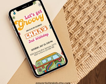 Editable Groovy Retro Birthday Evite, Hippie Flower 70s Party Vibe Kids Invitation, Download Digital iPhone Smartphone Template, 0101