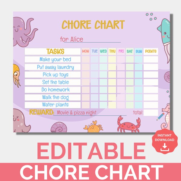 Kids Chore Chart Under the Sea, Editable & Printable Reward System | Kids Daily Checklist, Schedule Printable, Routine Responsibility Chart