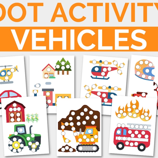 Vehicles Dot Activity Pack, Toddler Preschool Do-A-Dots Worksheets, Homeschooling, Printable Worksheets, Activity for Kids, Fine Motor Skill