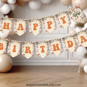 Bewerkbare Happy Birthday Banner Groovy Retro, Hippie Flower 70s Party Vibe Decoraties, Instant Download afdrukbare sjabloon 0101