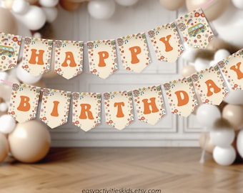 Editable Happy Birthday Banner Groovy Retro, Hippie Flower 70s Party Vibe Decorations, Instant Download Printable Template 0101