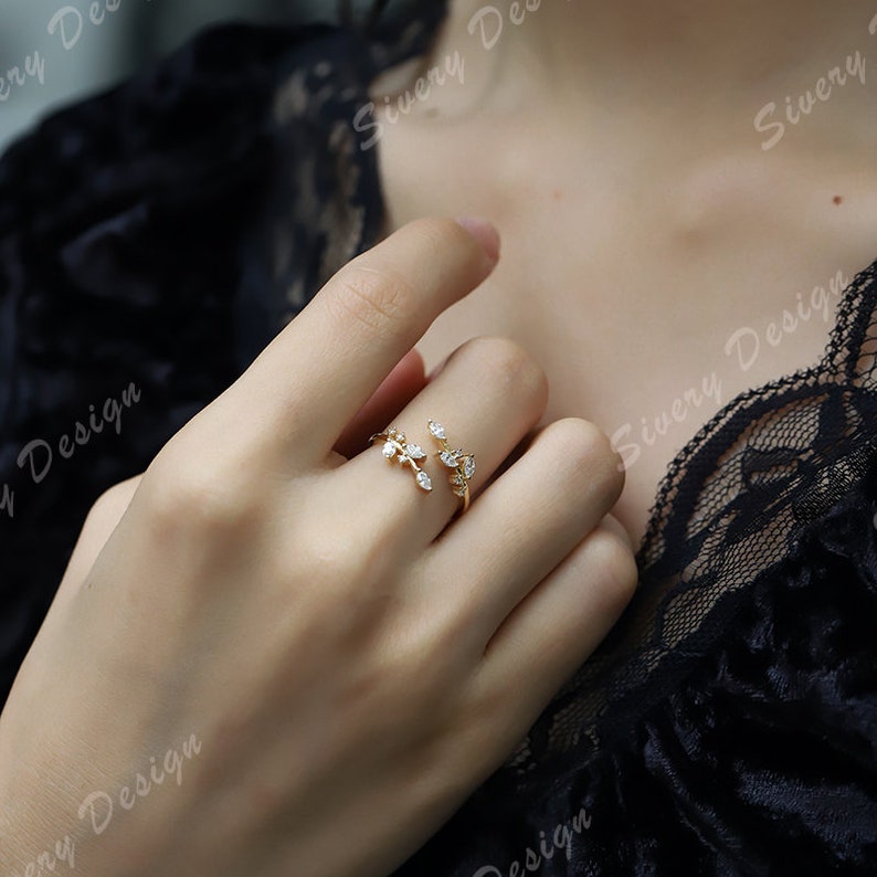 Antique Leaves CZ Diamond Wedding Band Prong Set Gap Stack Band Yellow Gold Plated Silver Ring Matching Band Anniversary Ring Promise Ring