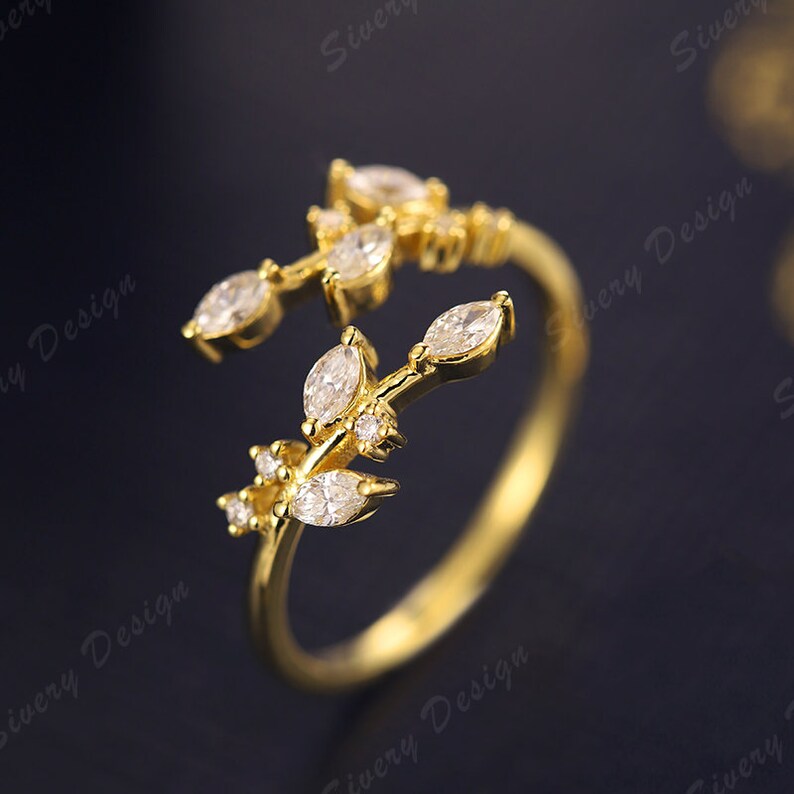 Antique Leaves CZ Diamond Wedding Band Prong Set Gap Stack Band Yellow Gold Plated Silver Ring Matching Band Anniversary Ring Promise Ring