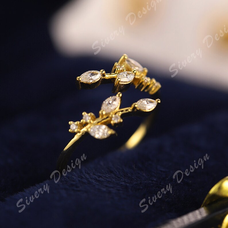 Antique Leaves CZ Diamond Wedding Band Prong Set Gap Stack Band Yellow Gold Plated Silver Ring Matching Band Anniversary Ring Promise Ring