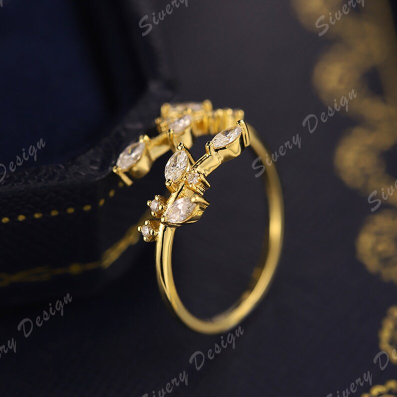 Antique Leaves CZ Diamond Wedding Band Prong Set Gap Stack Band Yellow Gold Plated Silver Ring Matching Band Anniversary Ring Promise Ring