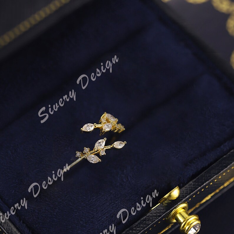 Antique Leaves CZ Diamond Wedding Band Prong Set Gap Stack Band Yellow Gold Plated Silver Ring Matching Band Anniversary Ring Promise Ring