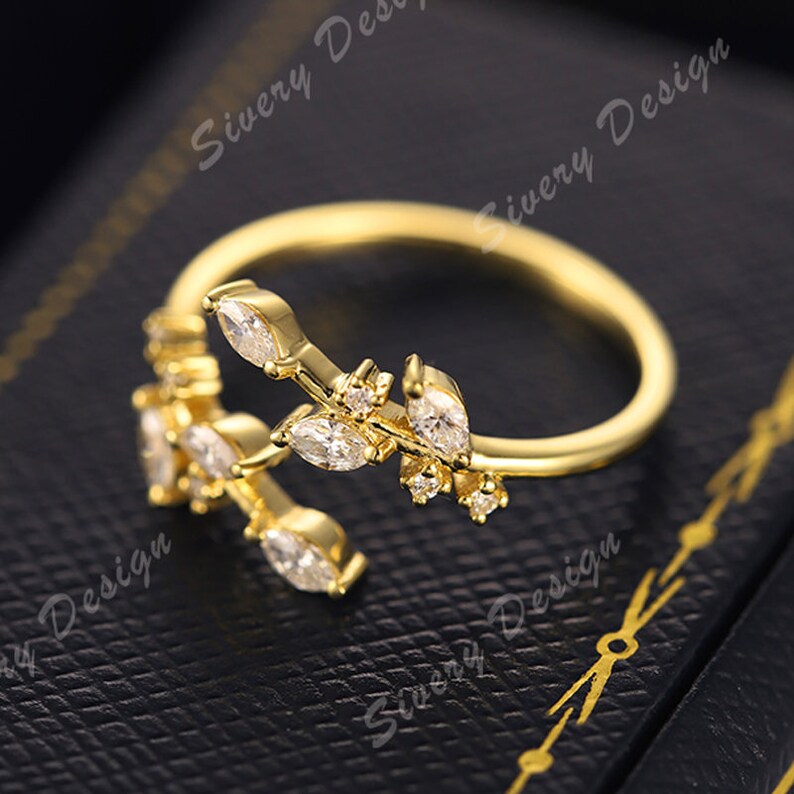 Antique Leaves CZ Diamond Wedding Band Prong Set Gap Stack Band Yellow Gold Plated Silver Ring Matching Band Anniversary Ring Promise Ring