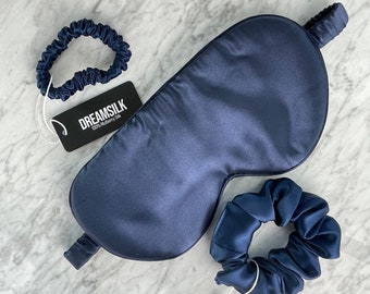 100% Silk Sleep Mask & Skinny Scrunchie Bundle Navy Blue - Mulberry Silk Set - Eye Mask - Silk Hair Accessories - Silk Gift Set