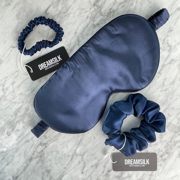 Masque de sommeil 100% soie & Skinny Scrunchie Bundle bleu marine - Ensemble en soie Mulberry - Masque pour les yeux - Accessoires pour cheveux en soie - Coffret cadeau en soie