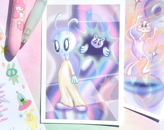 2000s stuff pastel alien art print cybercore y2k kawaii space wall art cute aesthetic room decor 00s weird unique poster kawaii soft art