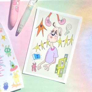 May include: A cartoon illustration of a dog with a pink shirt and a star-shaped head. The dog is surrounded by yellow stars and a blue box with a white exclamation point. The background is a light yellow.