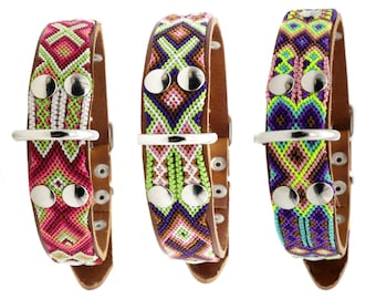 Natural Leather Dog Collar, Aztec Long Pet Collars, Colorful Fabric Collar