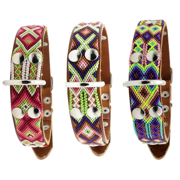 Natural Leather Dog Collar, Aztec Long Pet Collars, Colorful Fabric Collar