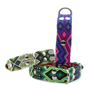 Wide Dog Collar, Natural Leather Collar With Macrame, Green, Blue And Pink Collar