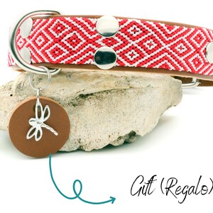 May include: Red and white geometric patterned dog collar with silver metal accents and a brown leather dragonfly charm. Gift (Regalo).