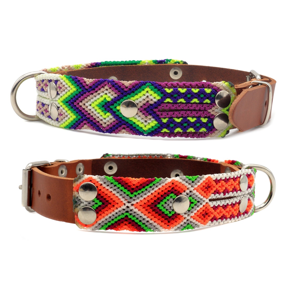 Hippie dog collar with colorful fabrics natural leather pet Etsy