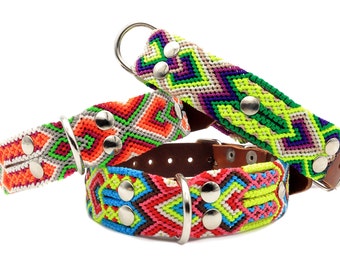 Hippie Dog Collar With Colorful Fabrics, Natural Leather Pet Collars.