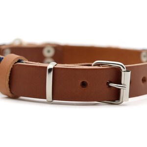 Peut inclure: Collier pour chien en cuir marron avec une section &agrave; motifs bleus, blancs et orange. Il est dot&eacute; d'une boucle argent&eacute;e et de rivets m&eacute;talliques. Un accessoire &eacute;l&eacute;gant pour animaux de compagnie.