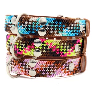 Aztec dog collar, dog collars with brown ethnic fabrics, cute dog collars, dog neckband made of macrame and leather. Dog Collars. puppies.
