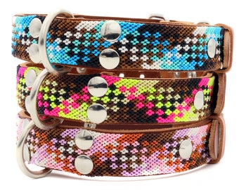 Collier pour chien aztèque, colliers pour chien avec tissus ethniques marron, jolis colliers pour chien, tour de cou pour chien en macramé et cuir. Colliers de chien. chiots