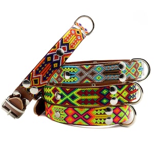 Boho style leather dog collars, colorful fabric pet collars, accessories for pets, puppies, perfect gift for animal lovers.