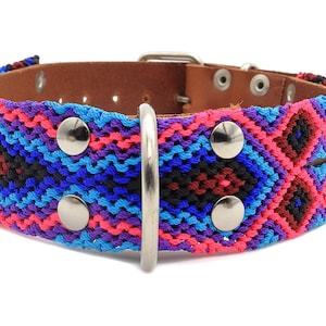 Aztec Style Hand Braided Leather Dog Collar, Collar for Large Dogs, Blue and Pink Dog Collar.