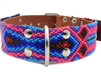 Aztec Style Hand Braided Leather Dog Collar, Collar for Large Dogs, Blue and Pink Dog Collar.