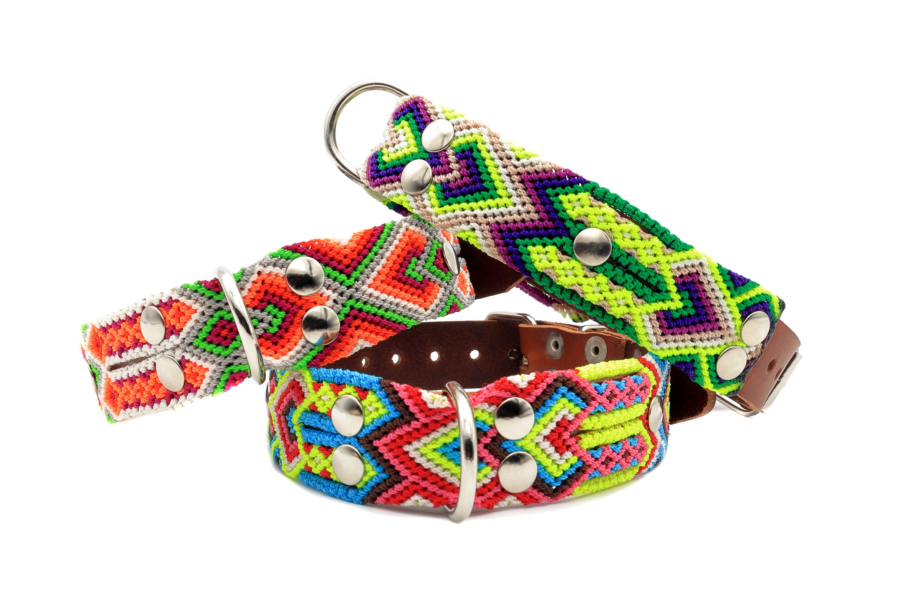 Hippie dog collar with colorful fabrics natural leather pet Etsy