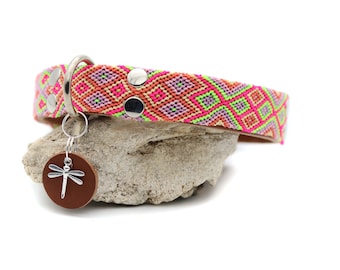 Handgefertigtes braunes Leder Hundehalsband, Rosa gewebter Stoff, robustes Hundehalsband