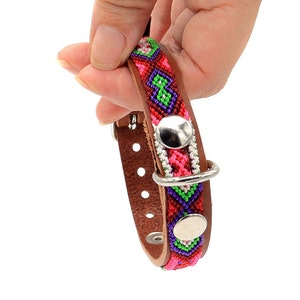 Può includere: Un collare per cani in pelle marrone con un motivo intrecciato colorato in rosa, verde e viola. Il collare ha dettagli in metallo argentato.