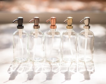 16 oz Clear Glass Bottle + Metal Pump | Refillable Soap Dispenser | Refillable Lotion Dispenser | Bathroom Decor | Kitchen Decor