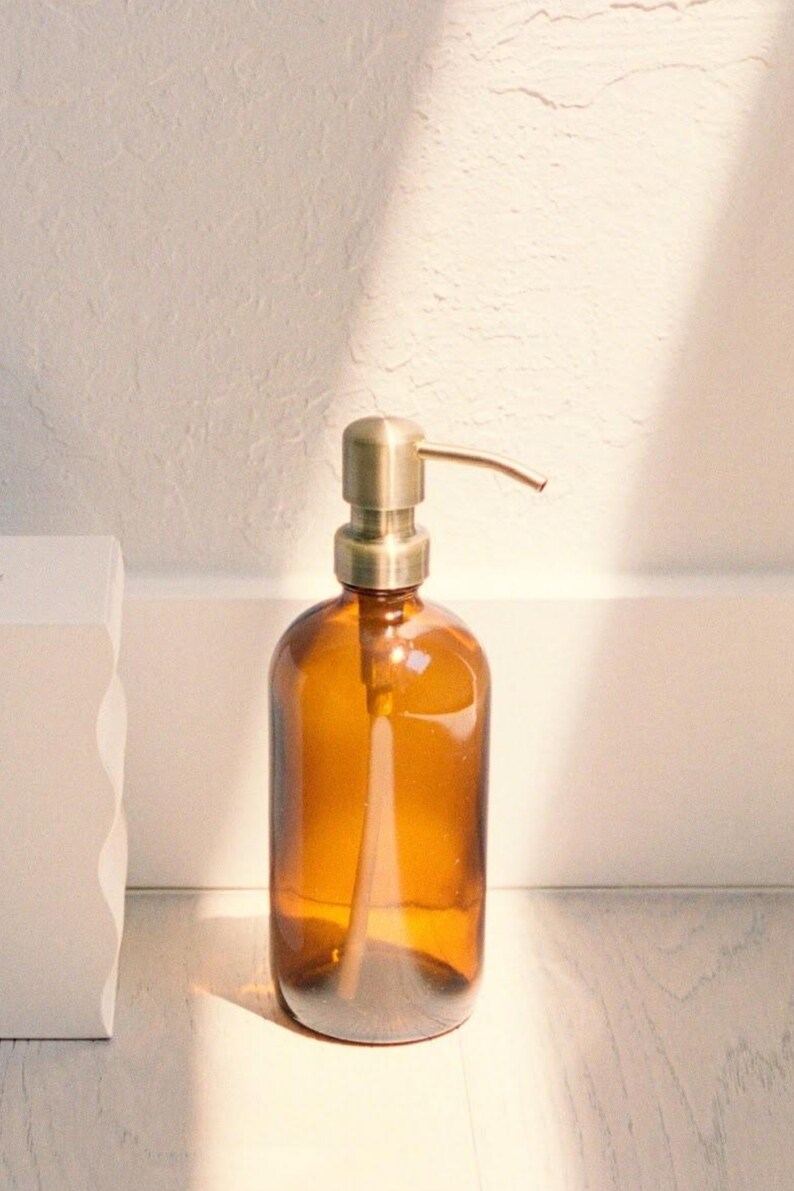 16 Oz Amber Glass Bottle Metal Pump Refillable Soap Etsy